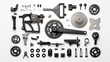 Assorted bicycle parts neatly organized on a white background for maintenance