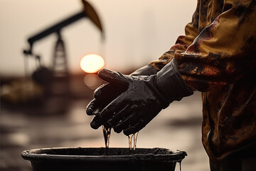 Wall Mural - Oil and Gas Wells. Accident Oil Well Work. Methane Emissions from crude wells. Pumpjack on oilfield. Extraction of petroleum, reduce oil production. Bucket in Hand of Worker of spilled oil on oilfield