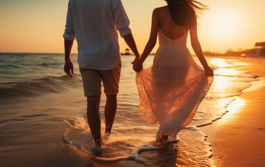 Wall Mural - Joyful couple strolls along seashore during beach honeymoon