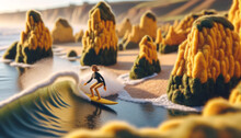 Generative AI Image Of A Surfer Riding Waves In A Surreal Landscape. Felt Art