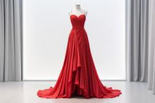 Elegant Luxury Women's Red Dress On A Mannequin In Window Display In Shopping Center. Dress For Reception Or Celebration.