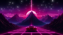 Futuristic Cyberpunk  Car On The Road To The Mountain, Synthwave-style Background With Neon Lights, Big City Rainy Night, Planets Space Background 4K