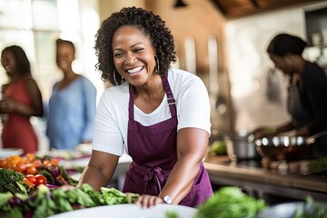 group of people cooking in the kitchen 