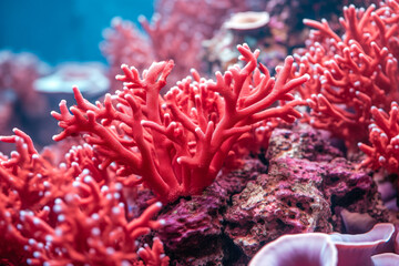 Wall Mural - Red coral in the sea. Underwater photo of beautiful coral.