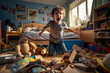 Undisciplined boy making a mess in his bedroom.