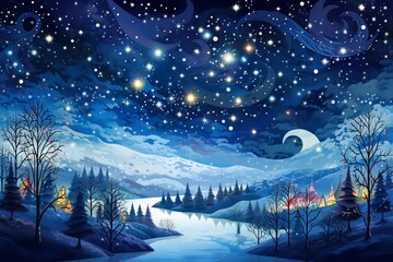 Starry night over a forest. Fantasy landscape.