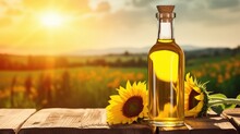 Transparent Bottle Of Oil Stands On A Wooden Table On Of A Field Of Sunflowers At Background, Sunny Day, Backlight, Copy Space, Realistic