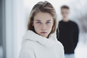 Wall Mural - Upset teenage girl in front and her boyfriend behind after a quarrel outdoors, adolescence problems