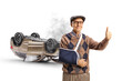 Elderly man with a broken arm wearing a splint and gesturing thumbs up in front of an accident damaged car