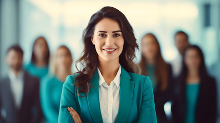 Wall Mural - A beautiful young female entrepreneur in an elegant suit standing in a modern office interior, looking at the camera and smiling. A group of clients and coworkers in the background. Businesswoman