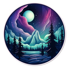 Wall Mural - a circular painting of a mountain range and trees