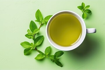 Wall Mural - Healthy Light Green Tea Cup with Fresh Green Leaves