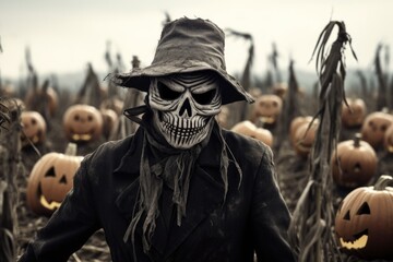 Wall Mural - A person wearing a hat and a skeleton mask standing in a field filled with pumpkins. This image can be used for Halloween-themed designs or for illustrating a festive fall atmosphere