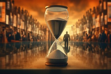 Aufkleber - A classic hourglass sitting on top of a wooden table. Perfect for time management concepts and productivity themes