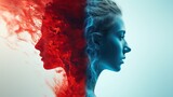 Fototapeta Las - A dual-toned double exposure image capturing the paradoxical nature of a girl, one side serene in cool blue, the other fierce in fiery red.