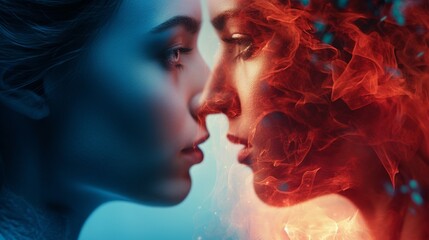 Wall Mural - A dual-toned double exposure image capturing the paradoxical nature of a girl, one side serene in cool blue, the other fierce in fiery red.