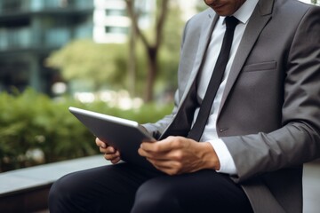 Aufkleber - A man dressed in a suit is sitting on a bench and using a tablet. This image can be used to depict technology, business, or modern lifestyle
