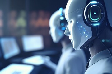 Poster - Close up of a person wearing headphones in front of a computer. Perfect for illustrating technology, music, or remote work concepts