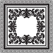 Black and white Baroque Damask ornamental vintage floral square  frame, border seamless pattern with space for text. Element. Antique Victorian Baroque style flowers ornament. Greek key meander frame