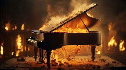 Wall Mural - A grand piano with its lid open, inside which a symphony orchestra is captured mid-crescendo, instruments ablaze with musical passion.