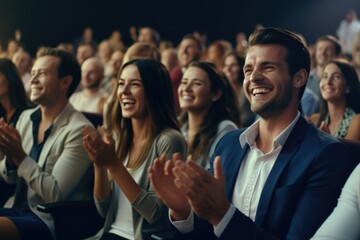 Poster - A group of people sitting in front of a crowd, clapping. This image can be used to represent applause, appreciation, or support in various settings