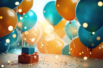 Poster - Colorful balloons and a wrapped present placed on a table. Perfect for birthdays, celebrations, and special occasions