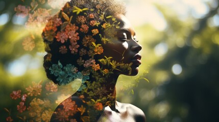 Wall Mural - A mesmerizing double exposure image capturing the essence of an African American woman, her profile seamlessly intertwined with the lush verdancy of summer foliage.