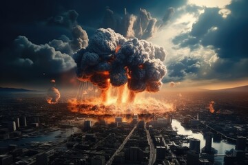 Aufkleber - A striking image capturing a city engulfed in a massive explosion of smoke and fire. Perfect for illustrating disasters, urban chaos, or environmental issues