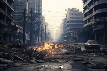 Aufkleber - A fire burning in the middle of a street. Suitable for illustrating emergency situations and urban disasters
