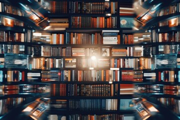 Poster - A picture of a book shelf filled with numerous books. This image can be used to depict knowledge, education, or a library setting