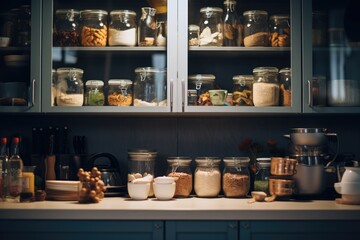 Poster - A kitchen counter displaying a variety of food jars. Perfect for illustrating a well-stocked pantry or cooking ingredients.