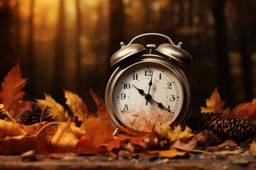 Poster - An alarm clock sitting on top of a pile of leaves. Suitable for concepts related to time, nature, and change