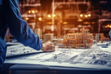 Poster - A man in a blue shirt is working on a blueprint. Suitable for architecture, construction, and engineering projects