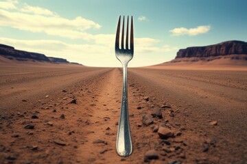 Poster - A fork stuck in the middle of a dirt road. Can be used to represent a decision point or a metaphor for being at a crossroads in life