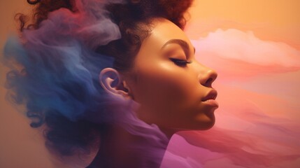 Wall Mural - Beauty in contrast, with the side view of a mixed-race woman's visage, enveloped in a double color exposure blending soft pastels with the intense pigments of a painter's palette.