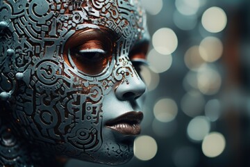 Poster - Close-up of a woman's face wearing a silver mask. Suitable for masquerade events or mysterious themes