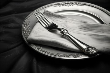 Wall Mural - A silver plate with a fork and a napkin. Perfect for table setting or restaurant concepts