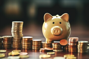 Poster - A piggy bank sitting on top of a pile of coins. Can be used to represent savings, financial planning, or budgeting