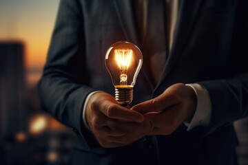 Poster - A man in a suit holding a light bulb. Suitable for business concepts and innovation themes