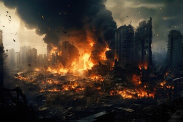 Aufkleber - A large fire burning in the middle of a city. Can be used to depict urban disasters or emergency situations