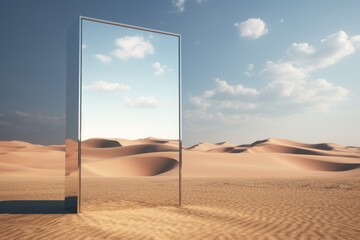 Poster - A mirror is positioned in the middle of a barren desert landscape. This image can be used to depict solitude and reflection