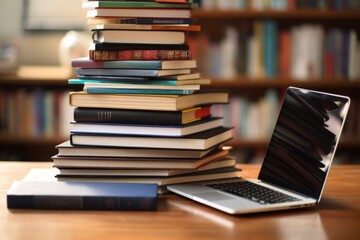 Poster - A laptop computer sitting next to a stack of books. Perfect for educational or work-related projects