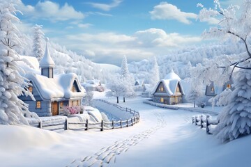 Poster - A picturesque winter landscape featuring a house surrounded by snow-covered trees. This image can be used to depict the beauty and tranquility of a snowy countryside