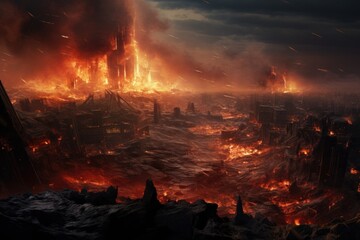 Poster - A very large fire consuming a bustling city. Perfect for illustrating disaster, emergency, or urban chaos.