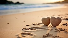 Two Hearts In The Sand, On The Beach With Waves In The Background, Copy Space