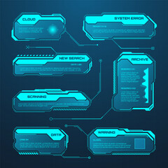 Poster - Blue futuristic HUD or UI elements. Sci-fi user interface text boxes, callouts. Warning message frames, information boxes template. Modern game interface layout in digital style. Vector illustration