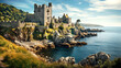 Beautiful landscape with Ruins of medieval English castle staying on rocks at the seaside 