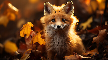 Wall Mural - Cute Red Fox, Vulpes vulpes in fall forest. Beautiful animal in the nature habitat. generative ai