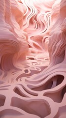  Abstract carved canyon walls in soft pink hues, with flowing lines and curves creating a serene, otherworldly landscape