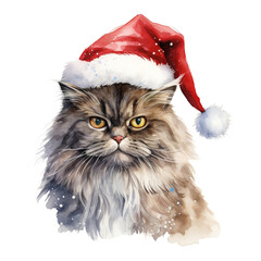 Persian Cat Wearing a Santa Hat. AI generated image